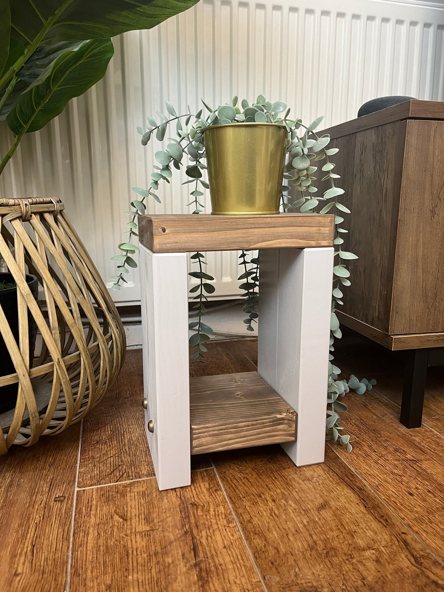 Handmade Mini Side Table crafted from handpicked timber, ideal for cozy corners or snug living areas. Features a top surface for showcasing plants or candles and a low shelf for clutter-free storage. Handmade to order with a durable finish. Customizable with two-tone effect and Farrow and Ball colors. Dimensions: H: 29.5cm, W: 20cm, D: 14cm, Height between shelf and top: 18cm