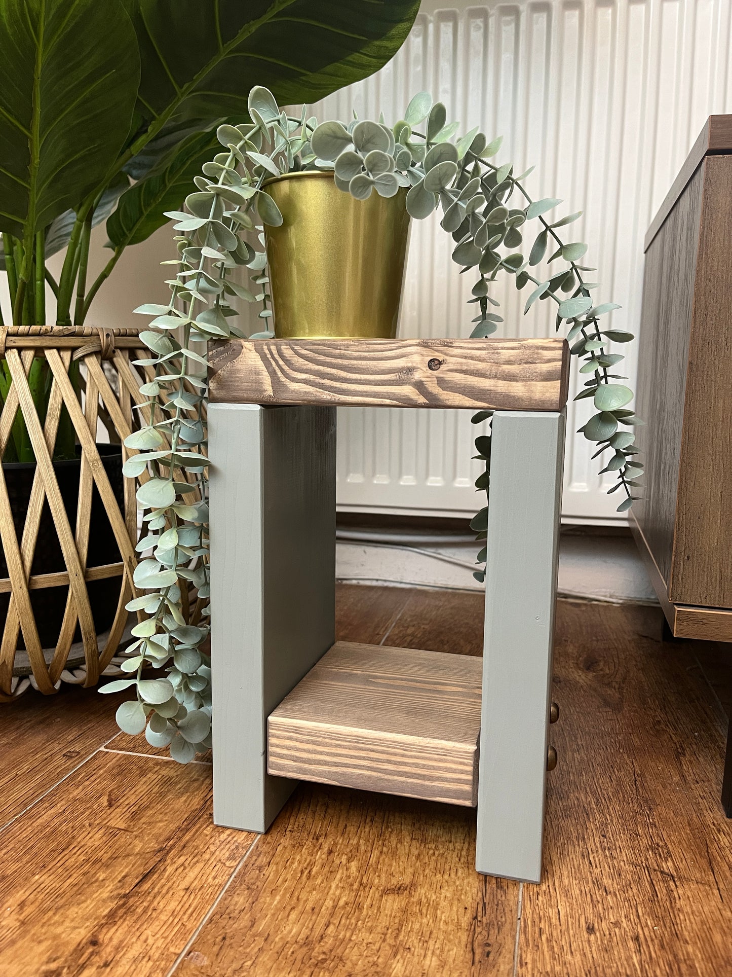Handmade Mini Side Table crafted from handpicked timber, ideal for cozy corners or snug living areas. Features a top surface for showcasing plants or candles and a low shelf for clutter-free storage. Handmade to order with a durable finish. Customizable with two-tone effect and Farrow and Ball colors. Dimensions: H: 29.5cm, W: 20cm, D: 14cm, Height between shelf and top: 18cm