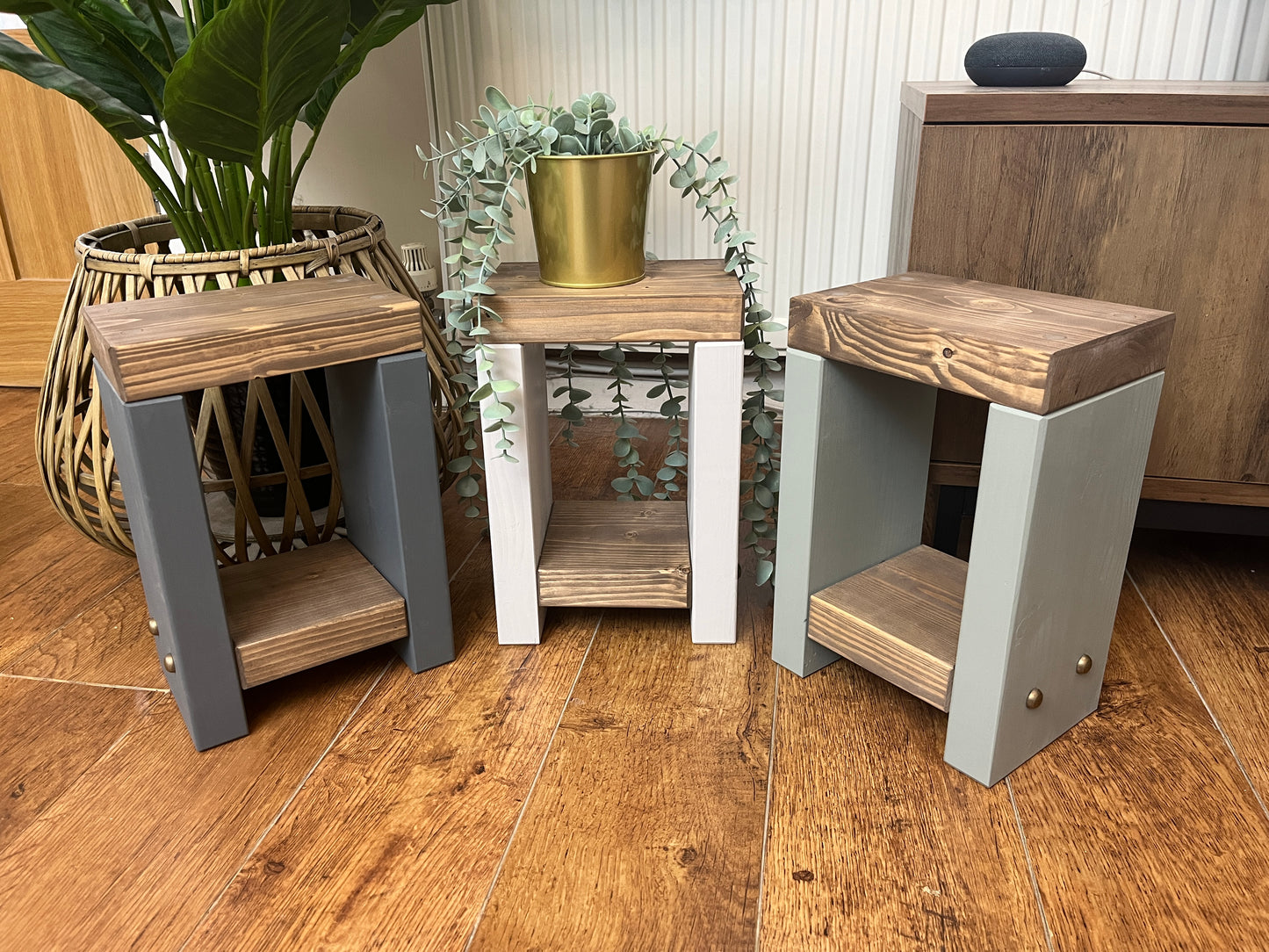Handmade Mini Side Table crafted from handpicked timber, ideal for cozy corners or snug living areas. Features a top surface for showcasing plants or candles and a low shelf for clutter-free storage. Handmade to order with a durable finish. Customizable with two-tone effect and Farrow and Ball colors. Dimensions: H: 29.5cm, W: 20cm, D: 14cm, Height between shelf and top: 18cm