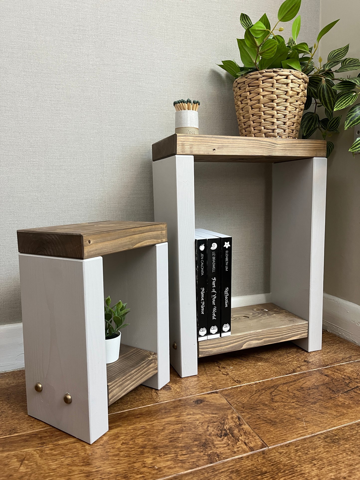 Handmade narrow nesting side table in two-tone finish. Versatile for coffee, side, or bedside use. Crafted to order with Farrow and Ball's 'Cornforth White' base and 'Jaco bean' top. Dimensions: H: 44.5cm, W: 33cm, D: 14cm. Free delivery included
