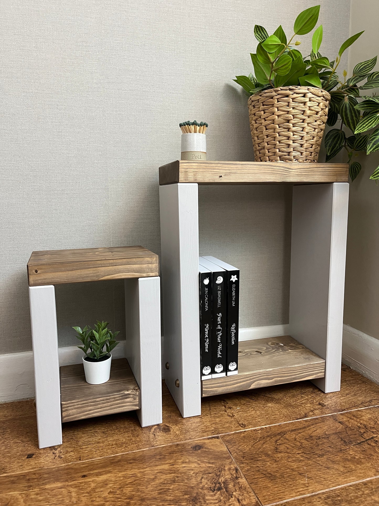 Handmade narrow nesting side table in two-tone finish. Versatile for coffee, side, or bedside use. Crafted to order with Farrow and Ball's 'Cornforth White' base and 'Jaco bean' top. Dimensions: H: 44.5cm, W: 33cm, D: 14cm. Free delivery included