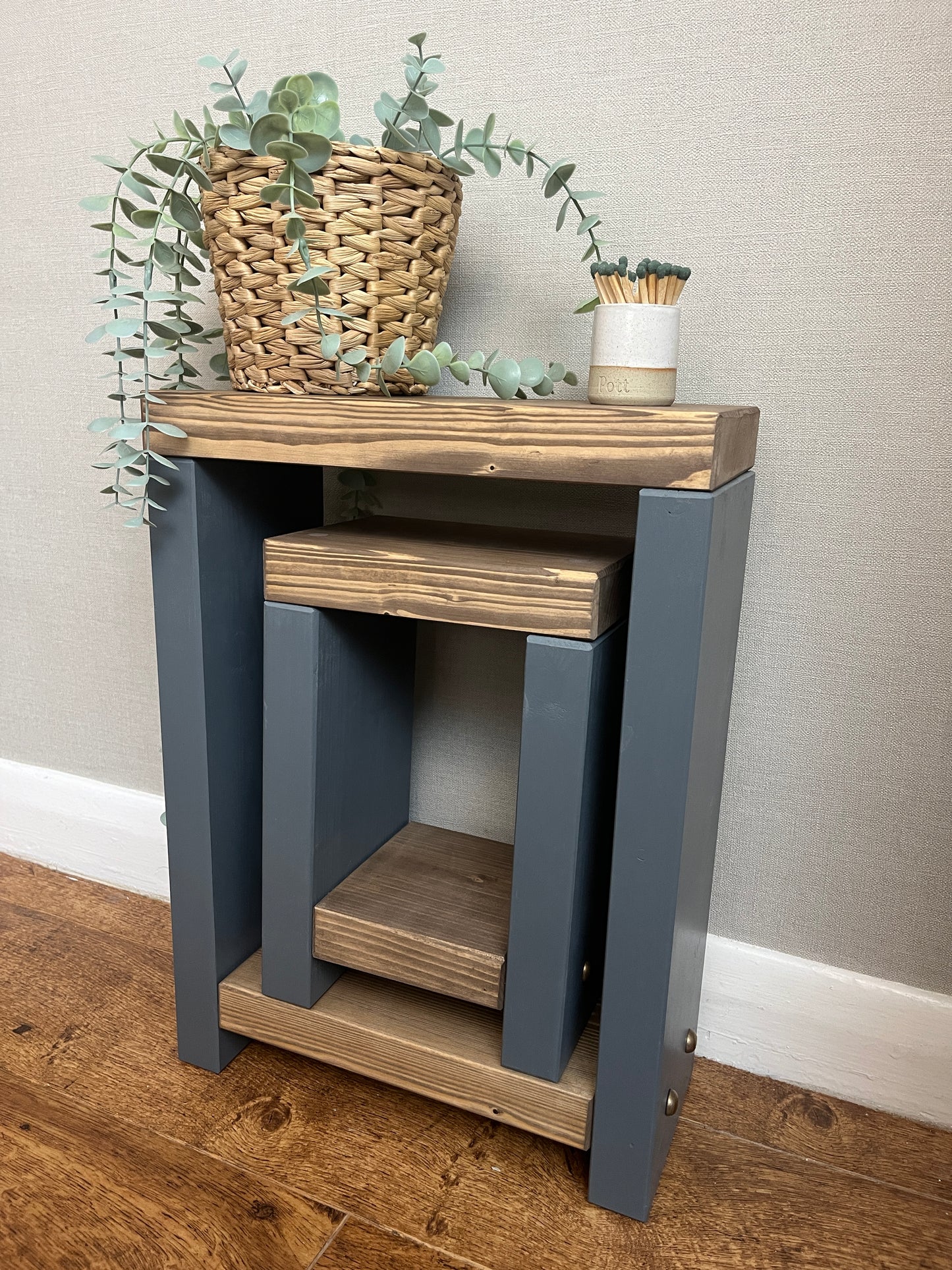 Handmade narrow nesting side table in two-tone finish. Versatile for coffee, side, or bedside use. Crafted to order with Farrow and Ball's 'Cornforth White' base and 'Jaco bean' top. Dimensions: H: 44.5cm, W: 33cm, D: 14cm. Free delivery included
