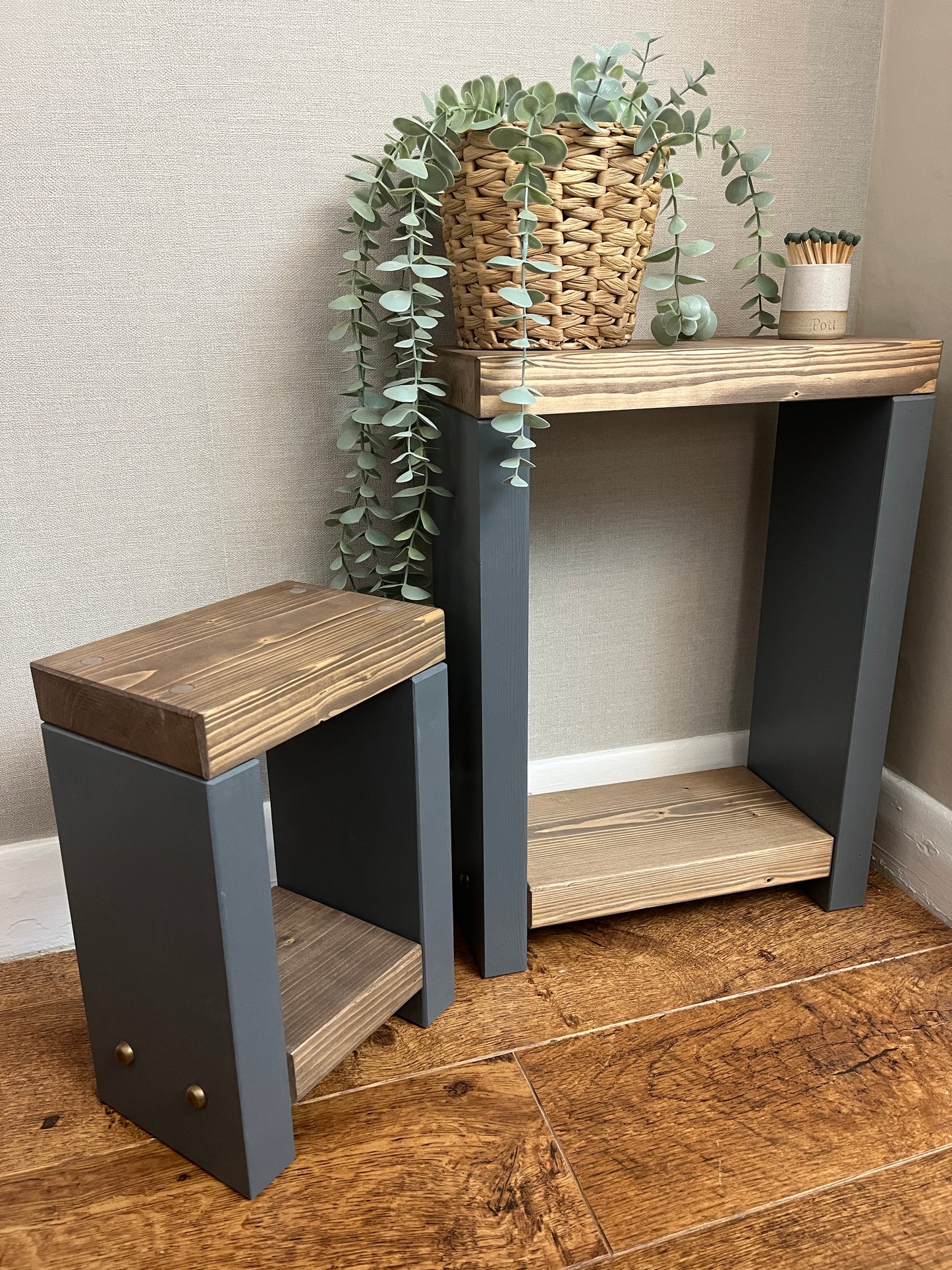 Handmade narrow nesting side table in two-tone finish. Versatile for coffee, side, or bedside use. Crafted to order with Farrow and Ball's 'Cornforth White' base and 'Jaco bean' top. Dimensions: H: 44.5cm, W: 33cm, D: 14cm. Free delivery included