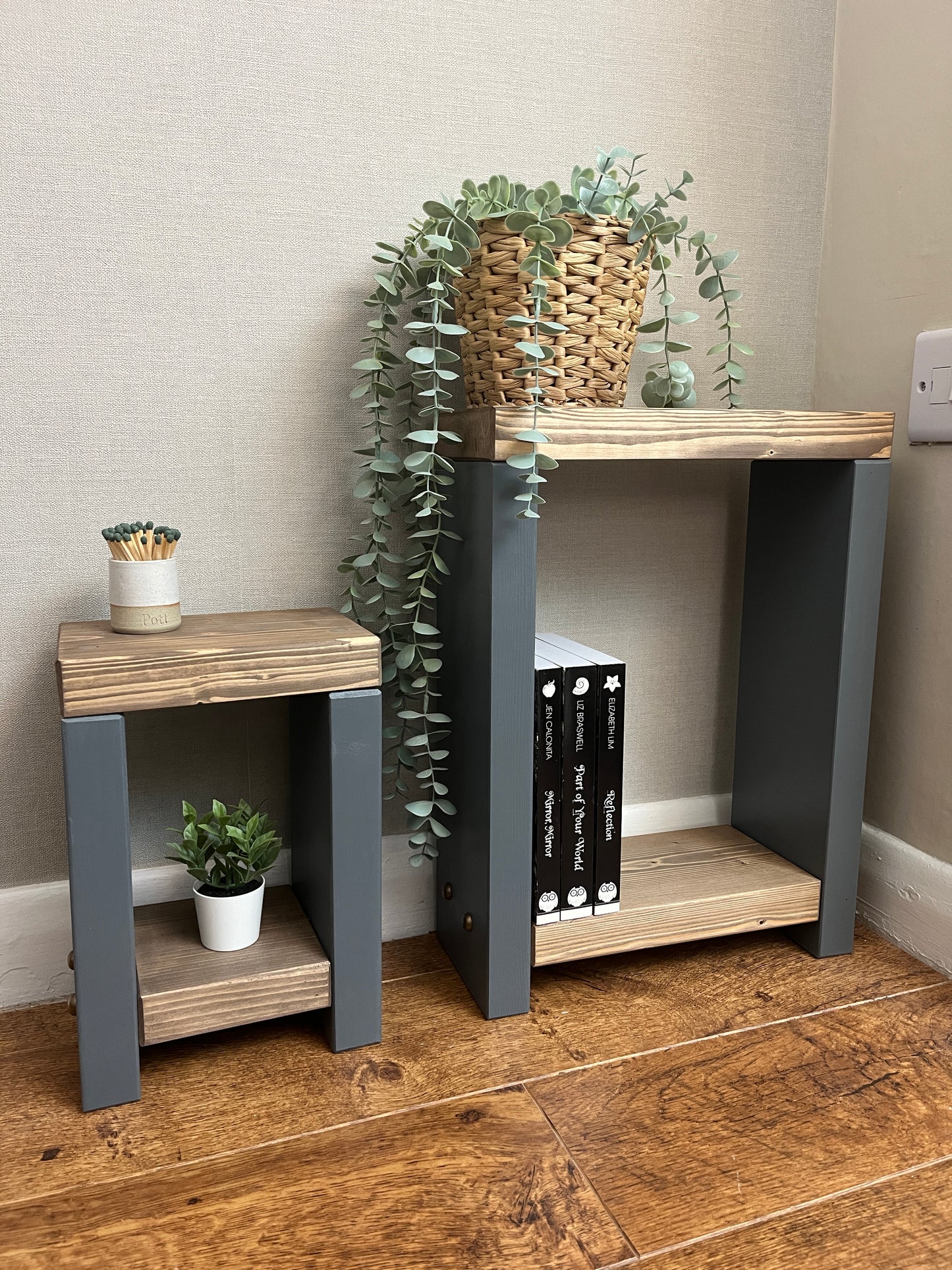 Handmade narrow nesting side table in two-tone finish. Versatile for coffee, side, or bedside use. Crafted to order with Farrow and Ball's 'Cornforth White' base and 'Jaco bean' top. Dimensions: H: 44.5cm, W: 33cm, D: 14cm. Free delivery included