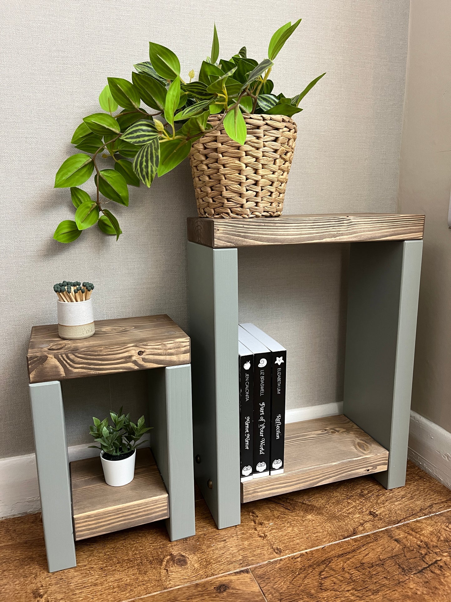 Handmade narrow nesting side table in two-tone finish. Versatile for coffee, side, or bedside use. Crafted to order with Farrow and Ball's 'Cornforth White' base and 'Jaco bean' top. Dimensions: H: 44.5cm, W: 33cm, D: 14cm. Free delivery included