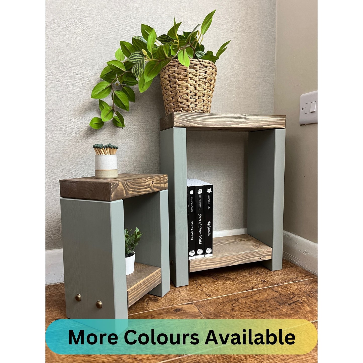 Handmade narrow nesting side table in two-tone finish. Versatile for coffee, side, or bedside use. Crafted to order with Farrow and Ball's 'Cornforth White' base and 'Jaco bean' top. Dimensions: H: 44.5cm, W: 33cm, D: 14cm. Free delivery included