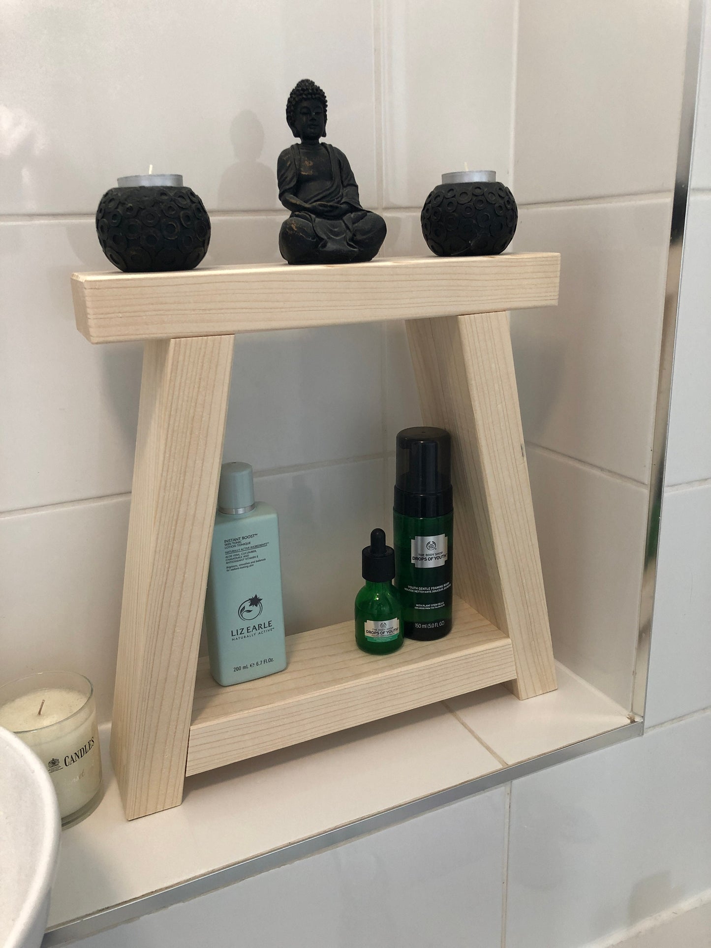 Slim Rustic Wooden Display Stand | Bathroom Tidy