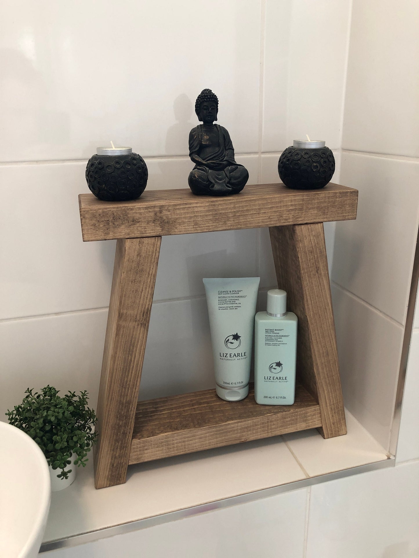 Slim Rustic Wooden Display Stand | Bathroom Tidy