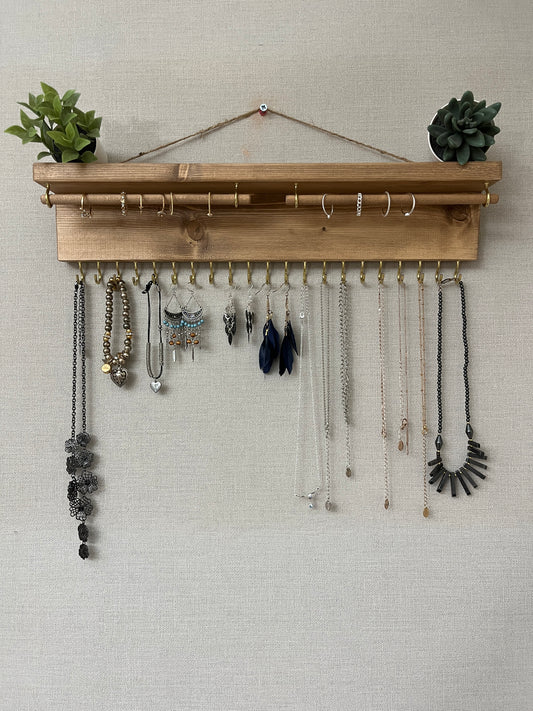 Large Double Rod Jewellery Organiser | Necklace Storage With Shelf | Earring Holder