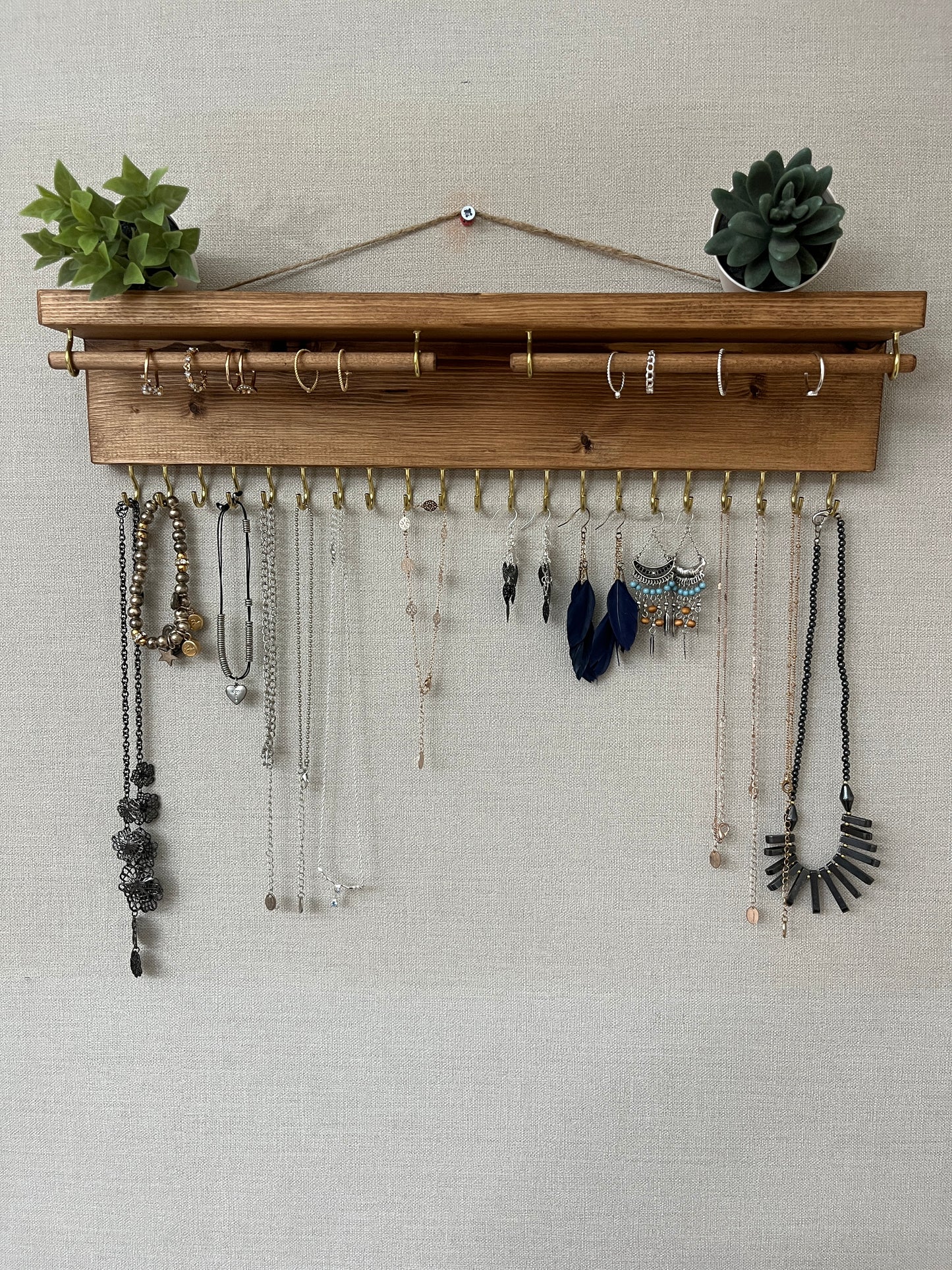 Large Double Rod Jewellery Organiser | Necklace Storage With Shelf | Earring Holder