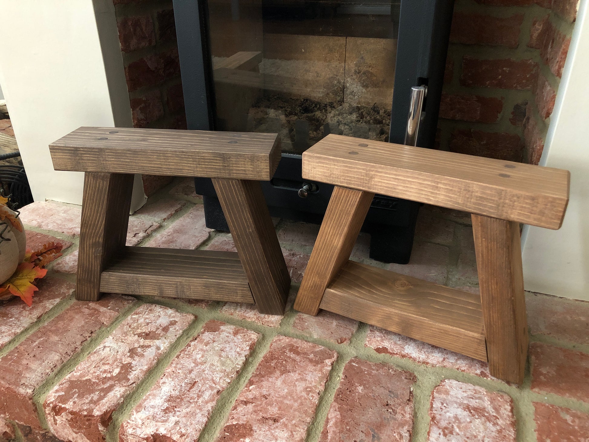 Handmade small rustic-style display stool with chunky shelves, perfect for living rooms, kitchens, and bathrooms. Ideal for house plants, beauty products, cosmetics, and candles. Made to order with options of Rustic Oak, Fir Cone, or Plain Untreated finish. Measurements: Total Height 10 inches, Width 11.75 inches, Depth 3.5 inches. Crafted with care, ensuring each piece is inspected for beauty and quality.