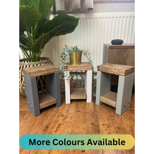 Handmade Mini Side Table crafted from handpicked timber, ideal for cozy corners or snug living areas. Features a top surface for showcasing plants or candles and a low shelf for clutter-free storage. Handmade to order with a durable finish. Customizable with two-tone effect and Farrow and Ball colors. Dimensions: H: 29.5cm, W: 20cm, D: 14cm, Height between shelf and top: 18cm