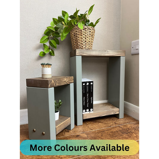 Handmade narrow nesting side table in two-tone finish. Versatile for coffee, side, or bedside use. Crafted to order with Farrow and Ball's 'Cornforth White' base and 'Jaco bean' top. Dimensions: H: 44.5cm, W: 33cm, D: 14cm. Free delivery included