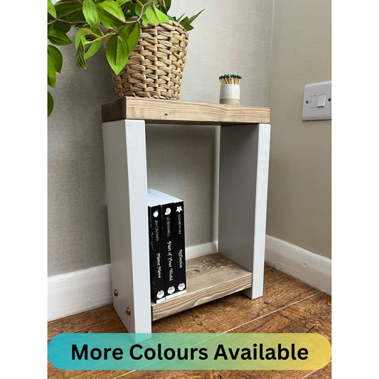 ALT Text: Premium two-tone narrow side table crafted from selected timber, versatile for various settings. Hand-sanded for quality finish. Features spacious top and low shelf for practical elegance. Select Farrow and Ball colors for base. Dimensions: H: 44.5cm, W: 33cm, D: 14cm. FREE delivery on handmade items. Built with love in our workshop in 3-4 weeks.