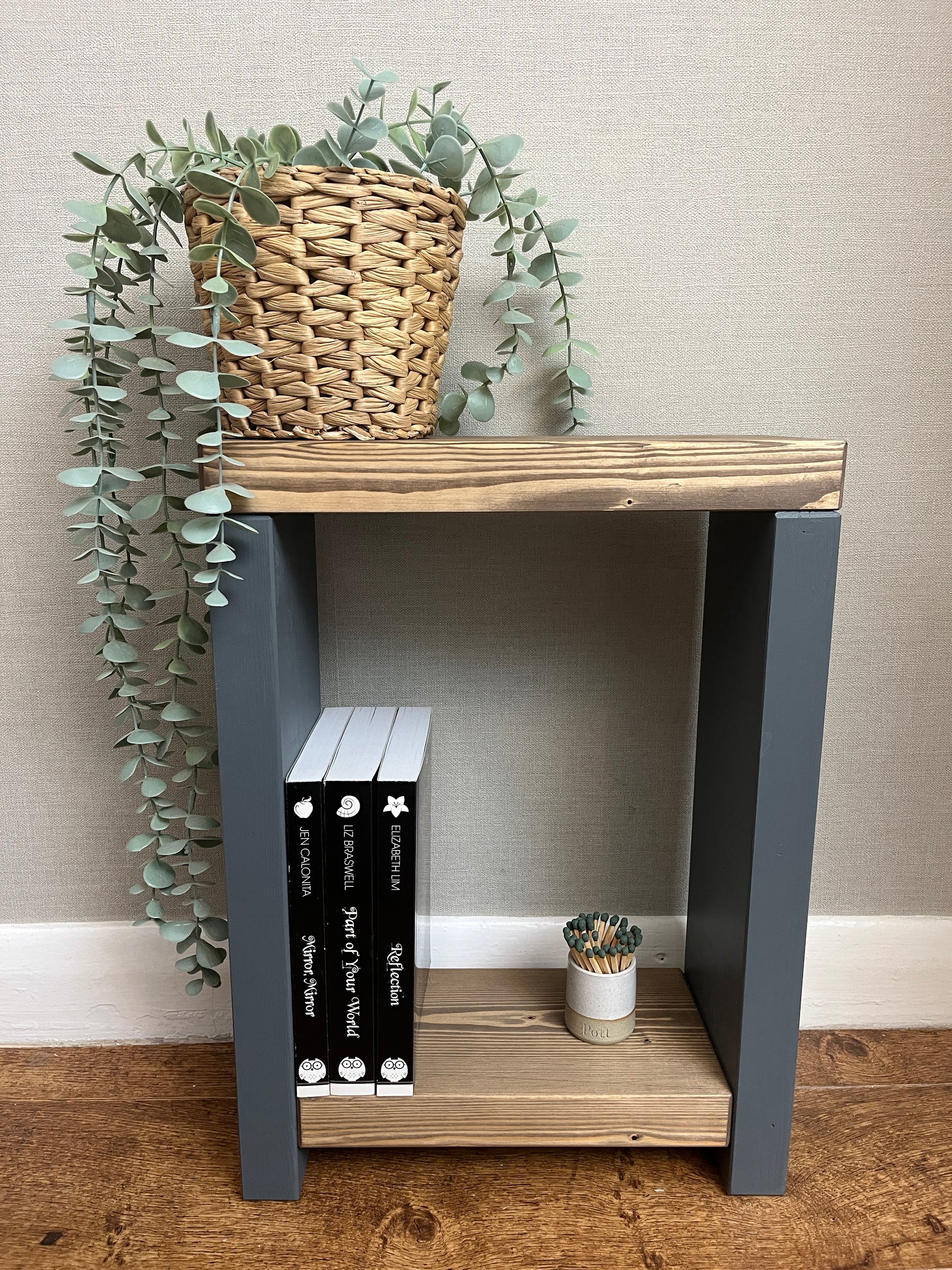 ALT Text: Premium two-tone narrow side table crafted from selected timber, versatile for various settings. Hand-sanded for quality finish. Features spacious top and low shelf for practical elegance. Select Farrow and Ball colors for base. Dimensions: H: 44.5cm, W: 33cm, D: 14cm. FREE delivery on handmade items. Built with love in our workshop in 3-4 weeks.