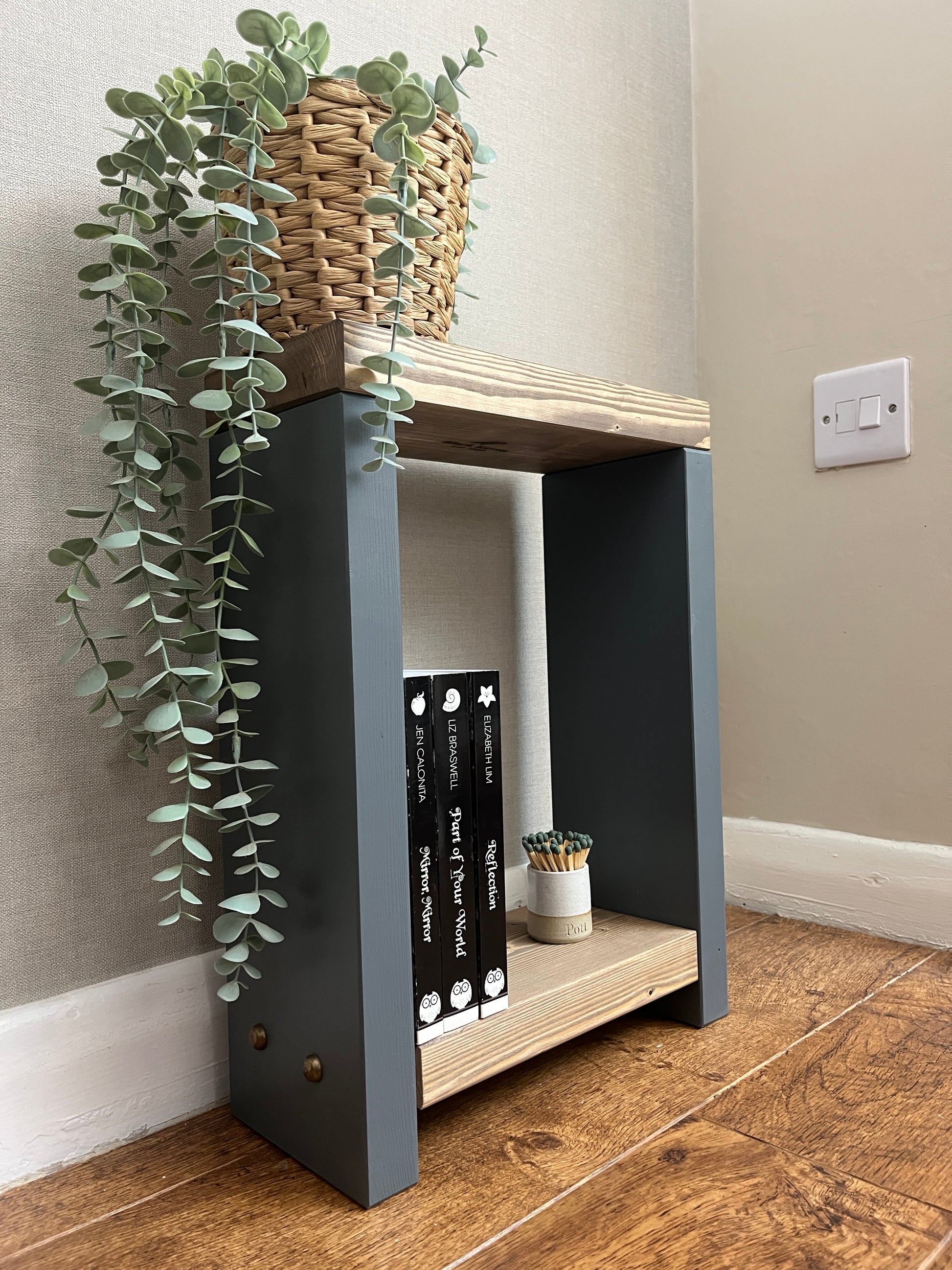 ALT Text: Premium two-tone narrow side table crafted from selected timber, versatile for various settings. Hand-sanded for quality finish. Features spacious top and low shelf for practical elegance. Select Farrow and Ball colors for base. Dimensions: H: 44.5cm, W: 33cm, D: 14cm. FREE delivery on handmade items. Built with love in our workshop in 3-4 weeks.