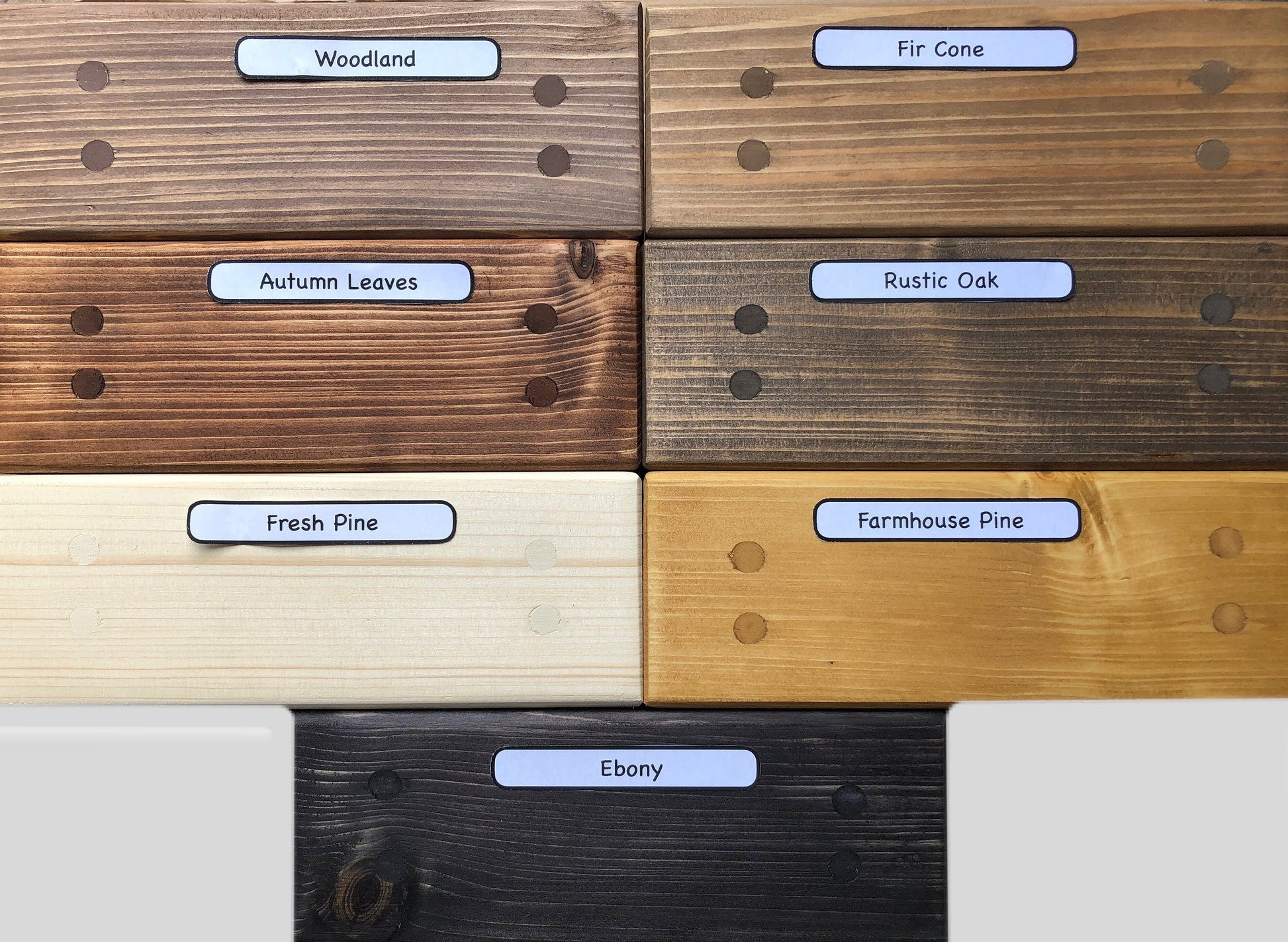 "Simple riser shelf handmade from rustic timber, perfect for any room. Ideal for windowsills, dressing tables, kitchen worktops, or bathrooms. Available in Woodland, Autumn Leaves, Fir Cone, Rustic Oak, Fresh Pine, Farmhouse Pine, Ebony. Custom sizes: Small, Medium, Large. Dimensions: Large - Length 450mm, Width 89mm, Height 99mm."