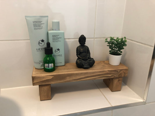 "Simple riser shelf handmade from rustic timber, perfect for any room. Ideal for windowsills, dressing tables, kitchen worktops, or bathrooms. Available in Woodland, Autumn Leaves, Fir Cone, Rustic Oak, Fresh Pine, Farmhouse Pine, Ebony. Custom sizes: Small, Medium, Large. Dimensions: Large - Length 450mm, Width 89mm, Height 99mm."